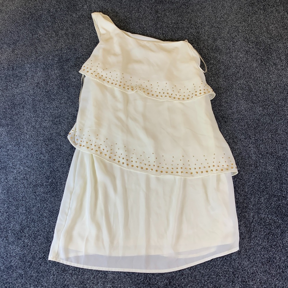 Express One Shoulder Dress Womens 2 Off White Beaded Ruffled Tiers Evening Wear